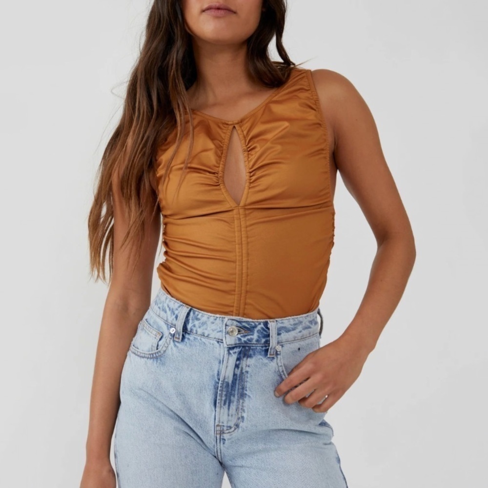 NWT Free People Ride Along Faux Leather Ruched Tank Top in Cowgirl Tan